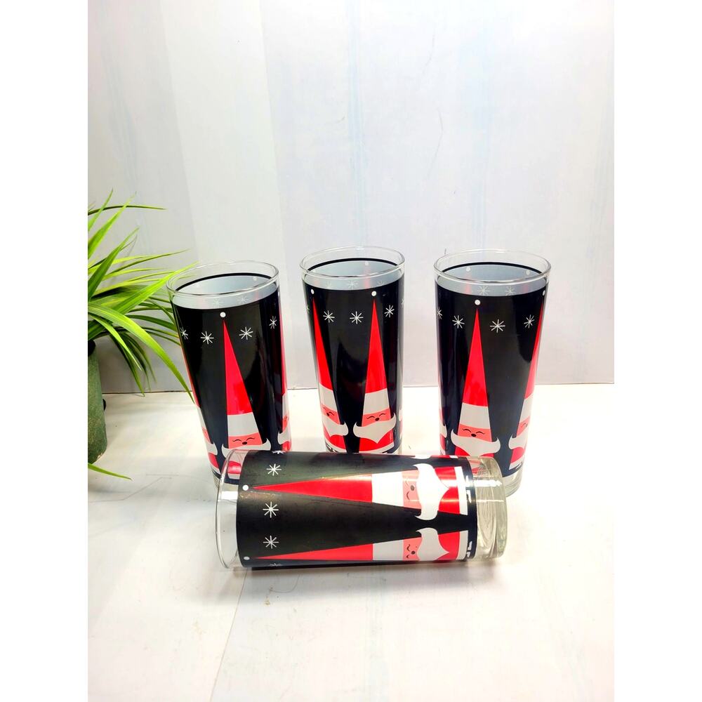 4 Vintage Holt Howard Libbey Atomic Santa Glasses Mid Century Christmas Tumblers